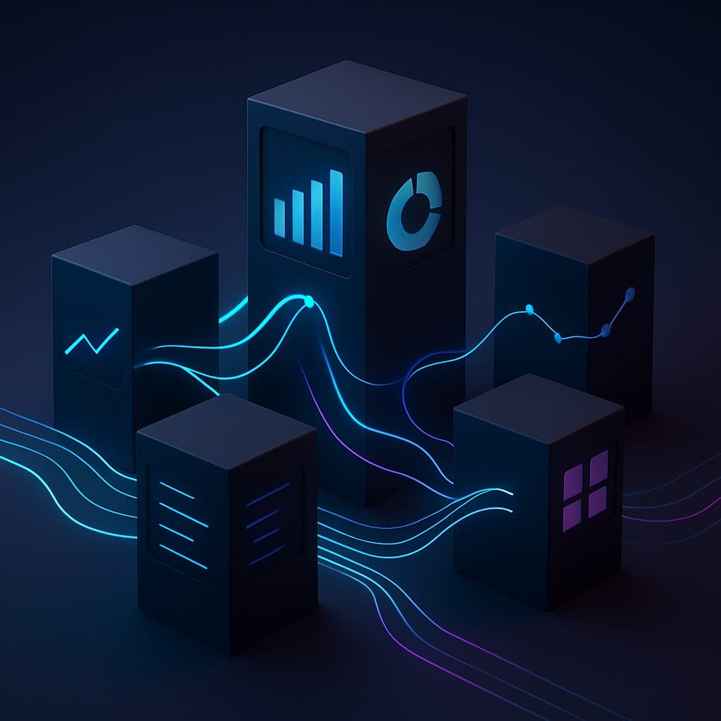 Les cinq piliers d'un audit technique web illustrés par des colonnes lumineuses reliées par des flux de données