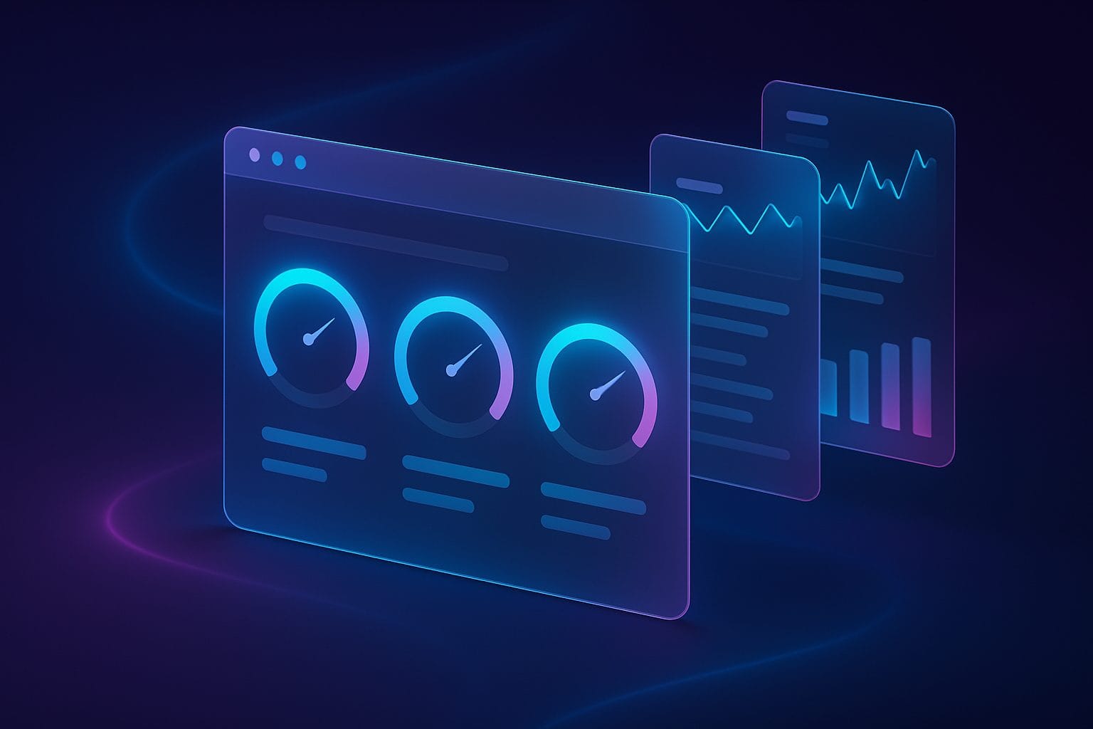 Audit technique web représenté par un tableau de bord abstrait de diagnostic dans un univers sombre bleu et violet