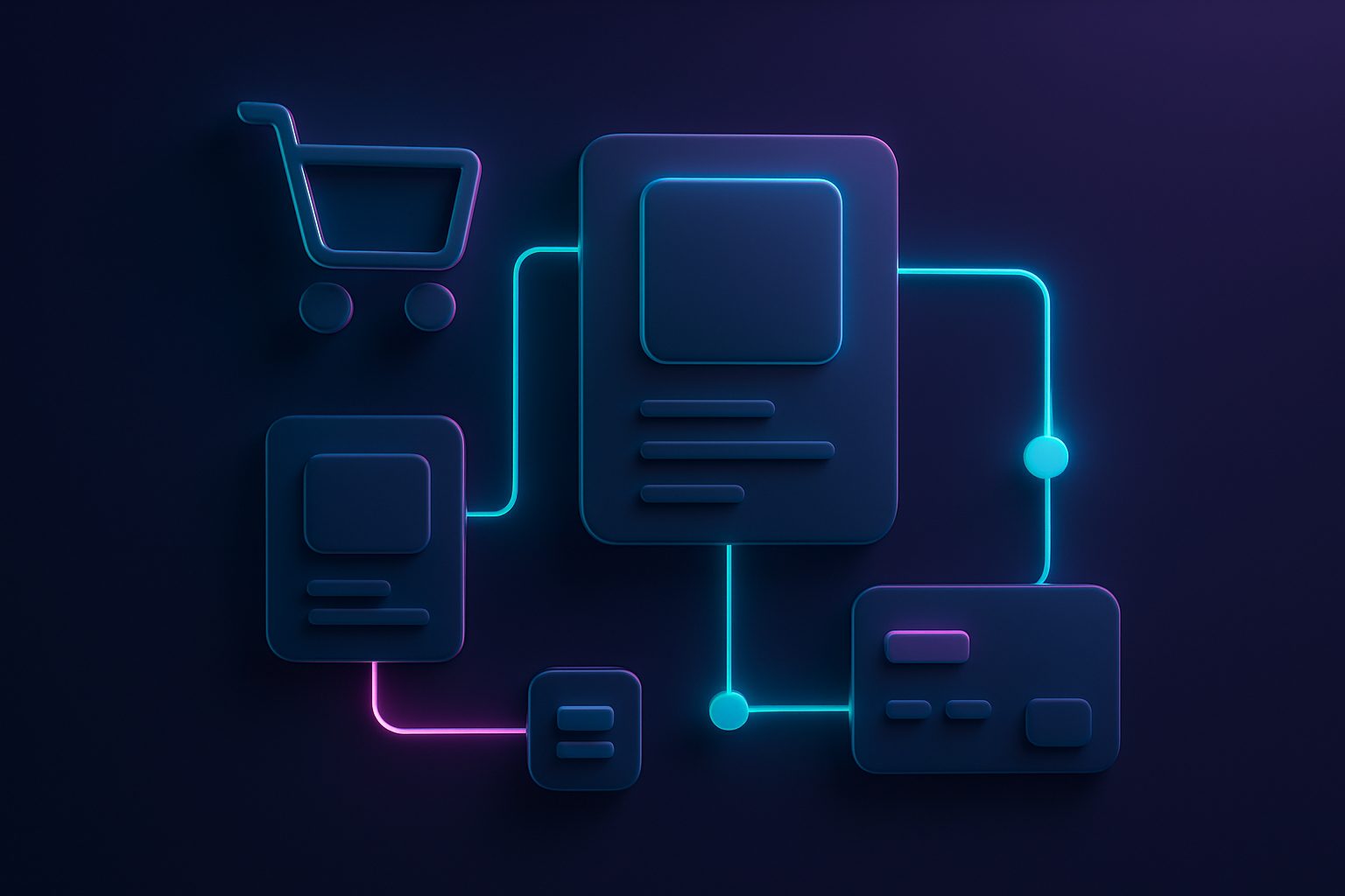 Illustration abstraite de la création site e-commerce dans un univers sombre bleu et violet