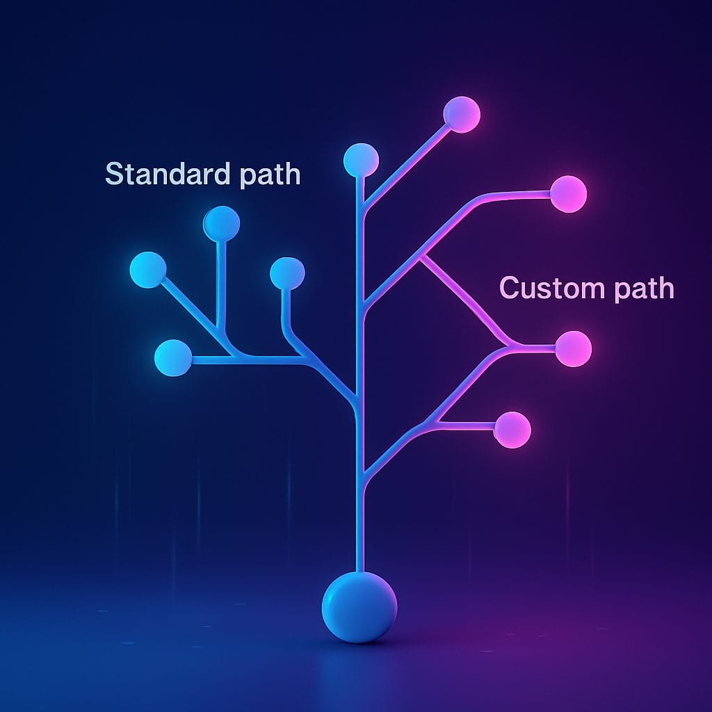 Schéma abstrait de décision entre Odoo standard et personnalisation sur mesure